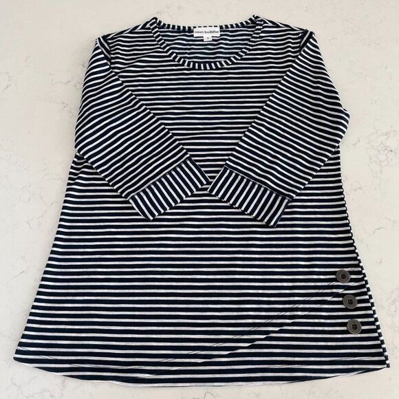 Neon Buddha Oversize Stripe 2/3 Slv Scoop Nk Top w Button Detail Navy Wht Sz S - Picture 2 of 14